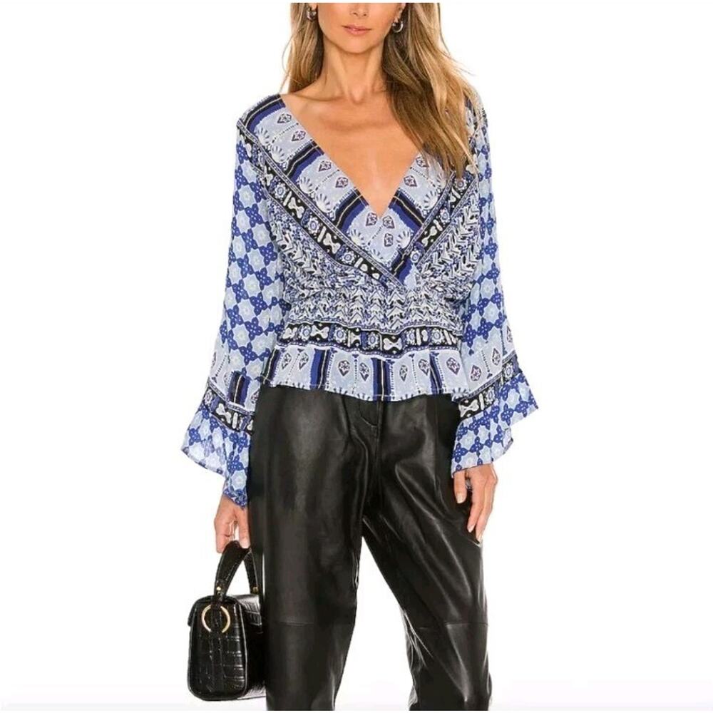Free People Rosalie Wrap Blouse In Indigo Bell Sleeve V-Neck Blouse Size S